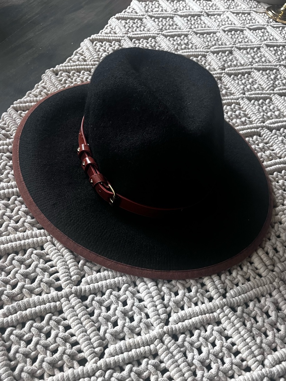 Anthropologie New Black Wool Felt Wide-Brim Hat with Brown Leather Band NWOT - Picture 10 of 16